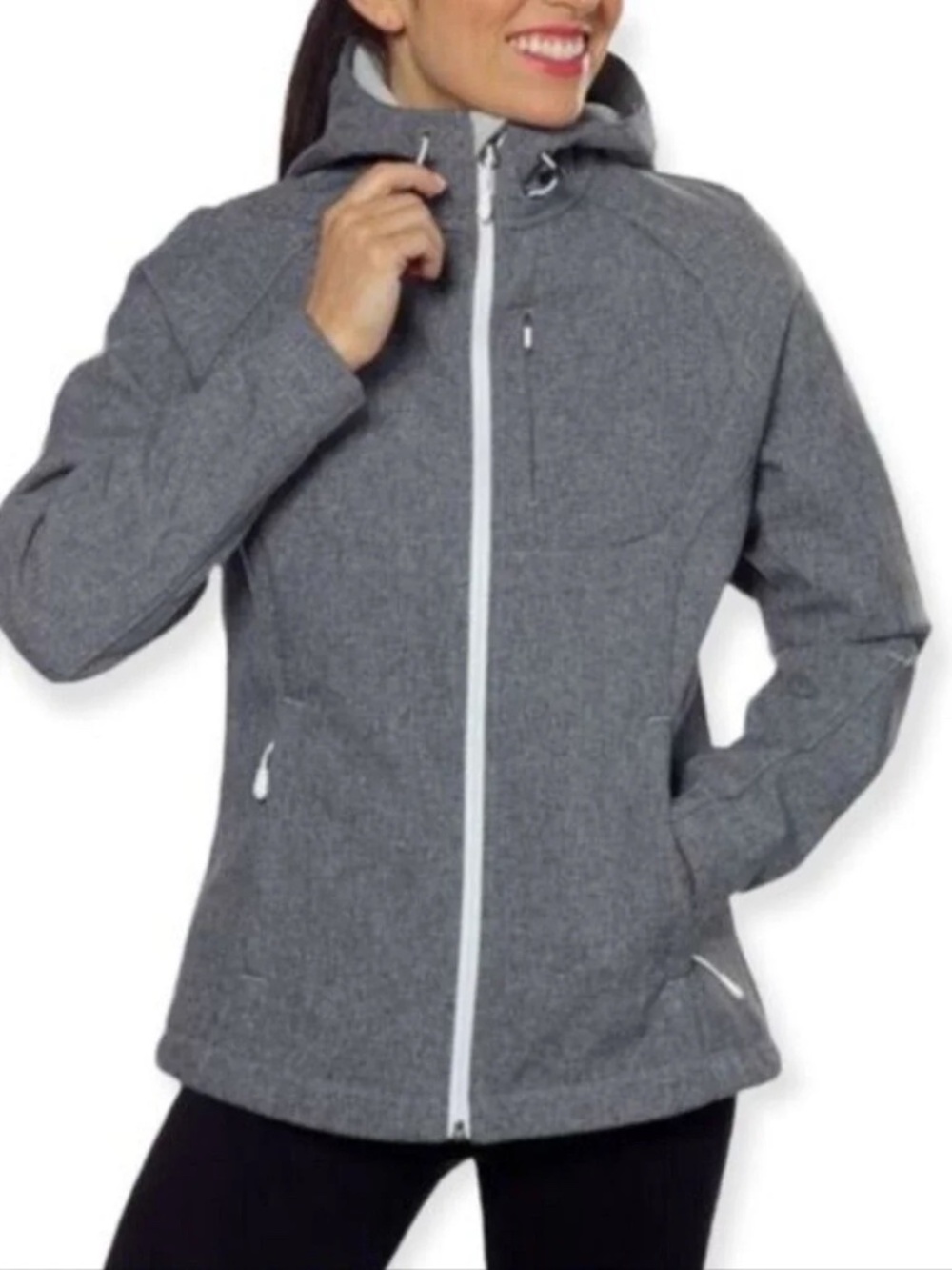 Kirkland Signature Women's Gray Hooded Softshell Jacket with White Zippers